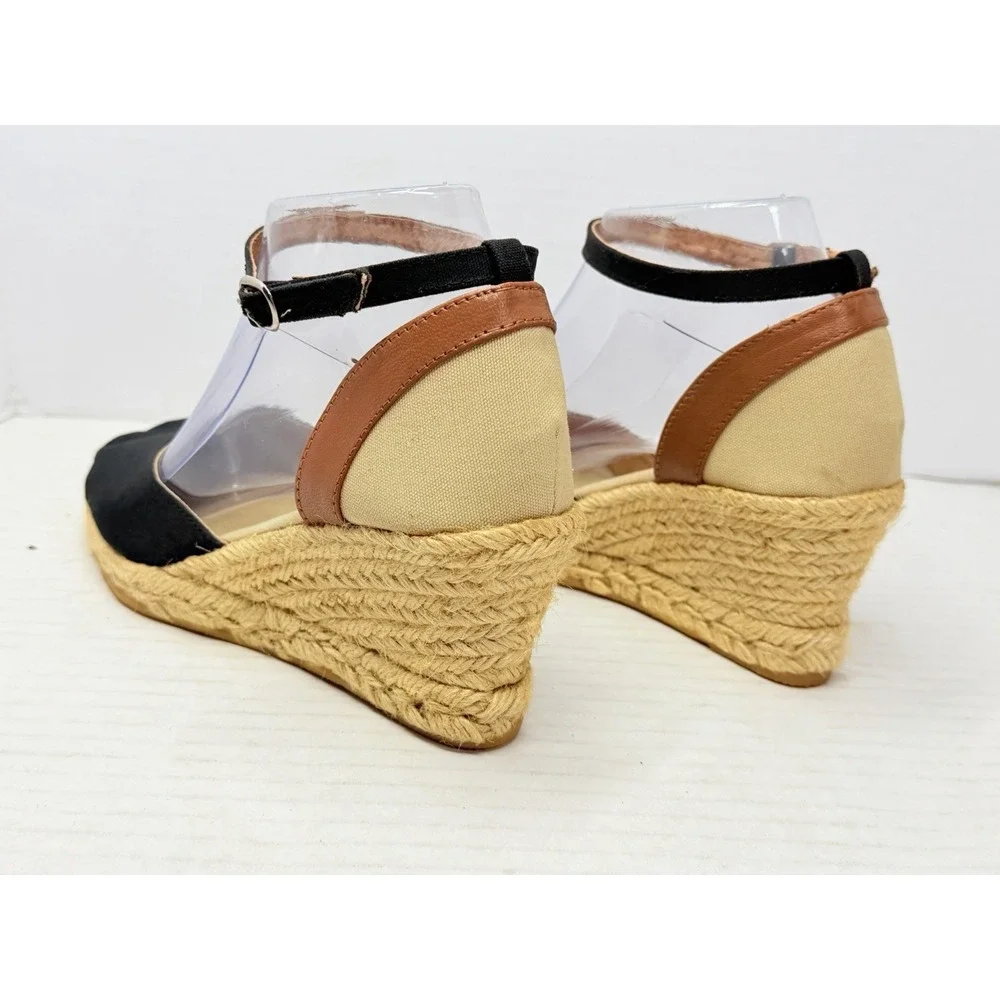 Brooks Brothers Womens US 7.5 Black Canvas Espadrille Wedge Ankle Strap
